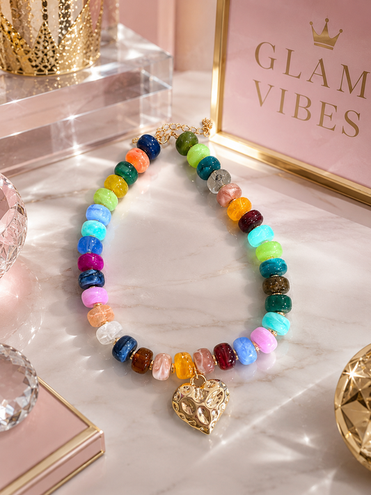 Brynlie Multi Color Bead Necklace w/Gold Puff Heart Charm